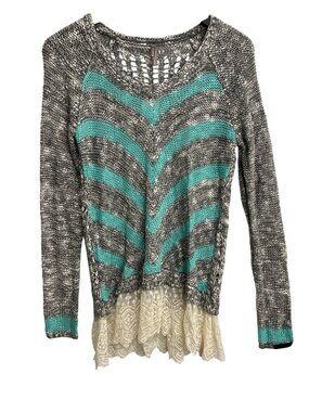 Vanity Sweater Medium Open Knit Long Sleeve Lace Trim Chevron Gray Aqua Cozy NEW